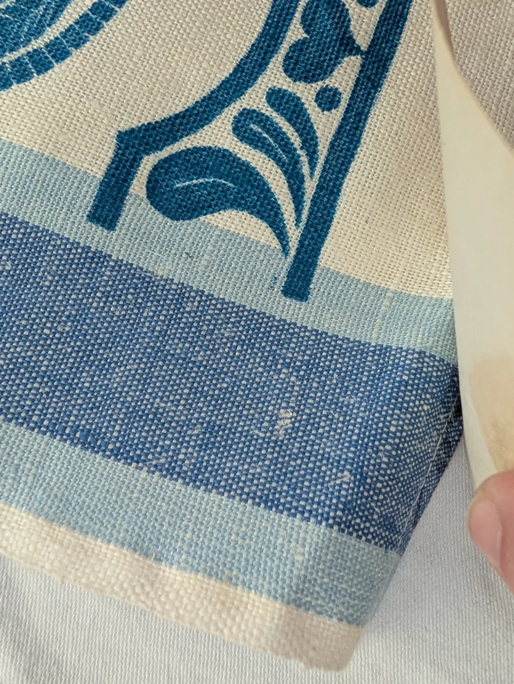 E&M Vardjan Linen German Buttermold Print Blue & Cream Kitchen Towel Vintage